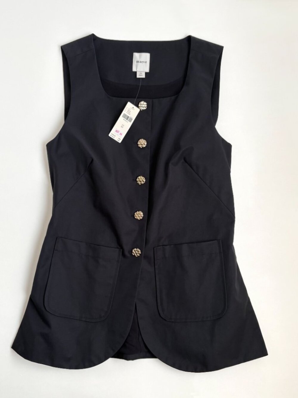 NWT Anthropologie Maeve Black Longline Vest XS Gold Textured Buttons Pockets